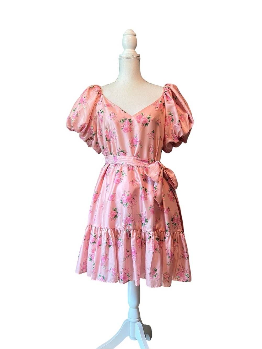 LoveShackFancy X Target Pink Floral Puff-Sleeve Midi Dress with Waist Tie